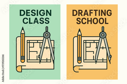 Architectural Design Banners. Two vertical A6 banners, flat vector design, mint and gold backgrounds, architecture drawing with pencils and compasses, first