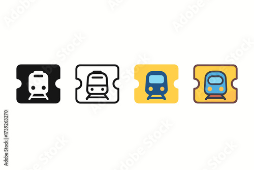 Stylized Train Ticket Icons. Vector icon train ticket same pose same proportions four styles black solid glyph outline minimal flat multicolor filled cartoon