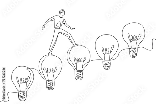 Single continuous line drawing a man walks on light bulbs arranged like stairs. Step carefully leaving wrong thoughts behind. Innovation. National Creativity Day. One line design vector illustration