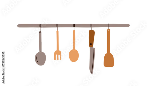 Kitchen utensils, tools on hanger. Wooden spoon, fork, knife, spatula and ladle, kitcheware accessories hanging on rail. Cookware on rack. Flat vector illustration isolated on white background