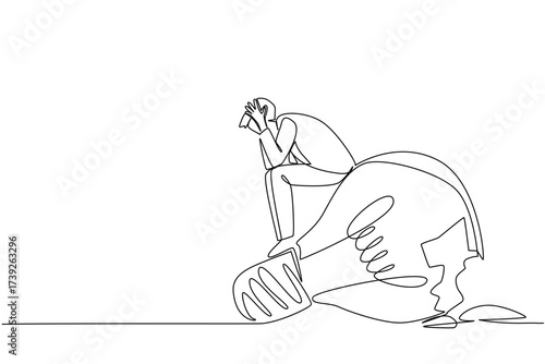 Single continuous line drawing a businessman sits on a broken lightbulb with both hands holds head. Ideas that failed to be implemented. National Creativity Day. One line design vector illustration