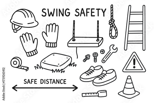 Swing Safety Essentials. Swing safety. Hand-drawn doodle illustration swing safety helmet, gloves, rope, knot, seat, bolts, wrench, cushion, grass, shoes,