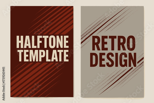 Vintage Banner Designs. Two vertical A6 banners, flat vector design, dark red and silver backgrounds, retro halftone lines, vintage poster feel, first banner