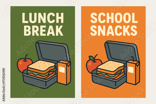 School Lunch Banners. Two vertical A6 banners, flat vector design, olive green and orange backgrounds, lunchbox with sandwich, apple and juice,