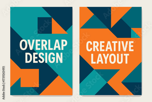 Overlapping Geometric Banners. Two vertical A6 banners, flat vector design, turquoise and orange backgrounds, overlapping geometric shapes composition, bold
