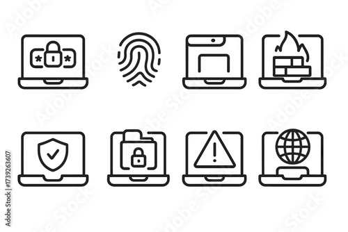 Tech Security Icons. Outline icon set of laptop security: password lock, fingerprint scanner, webcam cover, firewall, antivirus shield, encrypted folder,
