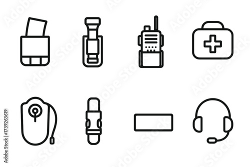 Body Armor Accessories Icons. Outline icon set of body armor accessories: magazine pouch, flashlight holder, radio pack, first aid kit, hydration bladder, belt