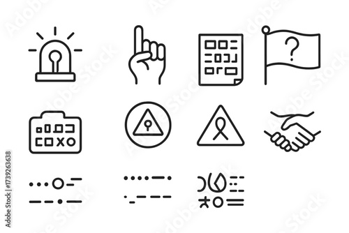 Secret Signal Icons. Outline icon set of secret signals and codes: blinking light, hand signs, coded message, secret flag, encrypted text, mystery symbol,