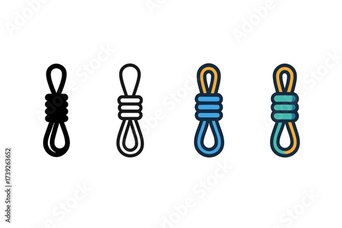 Climbing Rope Icons. Vector icon climbing rope same pose same proportions four styles black solid glyph outline minimal flat multicolor filled cartoon flat