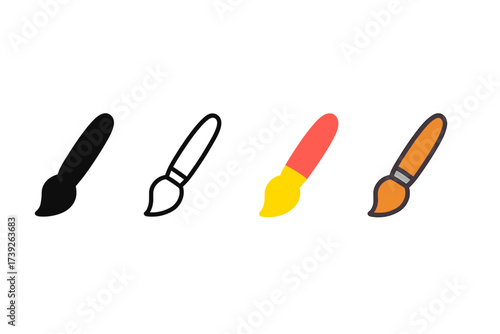 Versatile Paintbrush Icons. Vector icon paintbrush art same pose same proportions four styles black solid glyph outline minimal flat multicolor filled cartoon