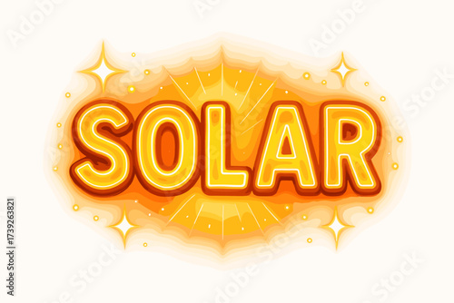 Neon Solar Glow. Solar, retro neon lettering, glowing radiant tone, surrounded by sparkles, horizontal balanced layout, clean white background, vector look,