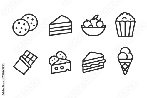 Cuddle and Serenade Icons. Outline icon set of cuddle foods: cookies, cake slice, fruit bowl, popcorn, chocolate bar, cheese platter, sandwich, ice cream. Line