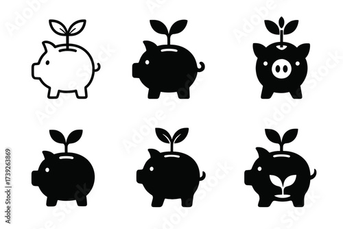 Green Piggy Bank Logos. climate change economics. Set Logo of climate change economics: piggy bank with plant. harmonious logo variations of the same