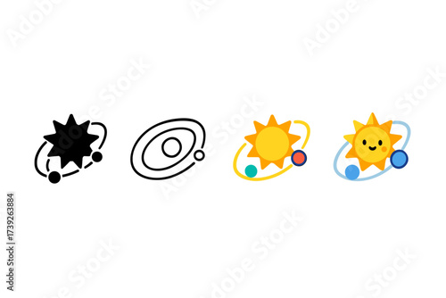 Stylized Solar System Icons. Vector icon solar system same pose same proportions four styles black solid glyph outline minimal flat multicolor filled cartoon