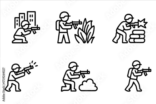 Grenade Launcher Scenarios Icons. Outline icon set of grenade launcher combat scenarios: urban combat, jungle warfare, defensive position, breach, suppression
