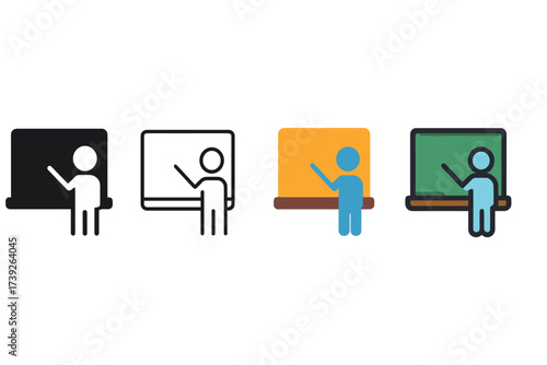Diverse Vector Icons. Vector icon blackboard chalk same pose same proportions four styles black solid glyph outline minimal flat multicolor filled cartoon flat