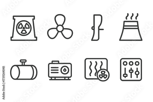 Aircraft Carrier Propulsion Icons. Outline icon set of aircraft carrier propulsion and power: nuclear reactor, propeller, rudder, exhaust stack, fuel tank,