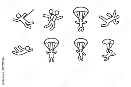 Parachute Jump Icons. Outline icon set of parachute jump types: static line jump, freefall jump, tandem jump, HALO jump, HAHO jump, BASE jump, military jump,