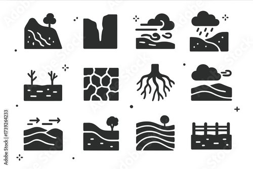 Erosion Iconography Grid. Soil erosion. Solid icons set of eroded slope, gully erosion, wind erosion, water runoff, barren land, cracked soil, exposed roots,