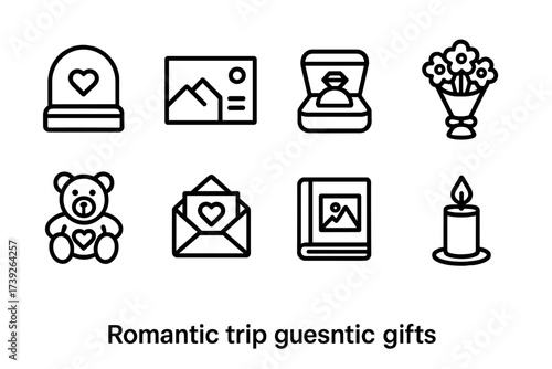 Romantic Trip Icon Set. Outline icon set of romantic trip activities: boat ride, candlelight dinner, picnic basket, hiking boots, cycling, hot air balloon,