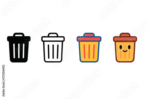 Stylized Trash Bin Icons. Vector icon trash bin same pose same proportions four styles black solid glyph outline minimal flat multicolor filled cartoon flat