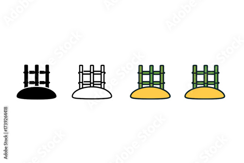 Diverse Icon Styles. Vector icon island with bamboo fence same pose same proportions four styles black solid glyph outline minimal flat multicolor filled