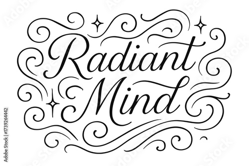 Radiant Mind Calligraphy. Radiant Mind, thin line calligraphy, smooth curves, balanced composition, clear readable letters, consistent style, surrounded by