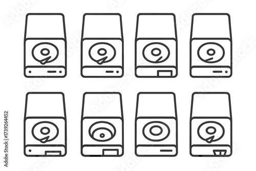 Hard Drive Format Icons. Outline icon set of hard drive data formats: NTFS, FAT32, exFAT, HFS+, APFS, EXT4, Btrfs, XFS. Line icons in only black color,