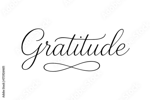 Gratitude Calligraphy Art. Gratitude, thin line calligraphy, smooth curves, balanced composition, clear readable letters, consistent style, none, none, clean