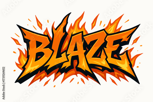Fiery Blaze Graffiti. Blaze, graffiti style lettering, fiery jagged tone, surrounded by sparks, horizontal balanced layout, clean white background, vector