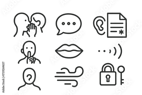 Whisper Communication Icons. Outline icon set of whisper communication: person whispering, speech bubble with dots, ear listening, secret message, hush hand