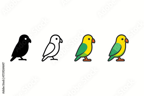 Stylish Parakeet Icons. Vector icon parakeet bird same pose same proportions four styles black solid glyph outline minimal flat multicolor filled cartoon flat