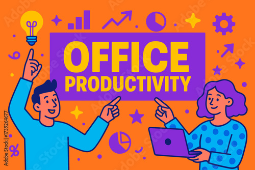 Office Productivity Boost. Office Productivity banner, flat vector illustration, bold oversized text inside rectangular frame, cartoon characters pointing with