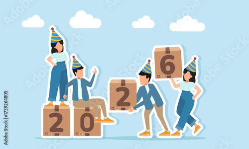several men and women wearing party hats having fun and celebrating around a box with 2026 text illustration of a new year celebration event party or festival concept