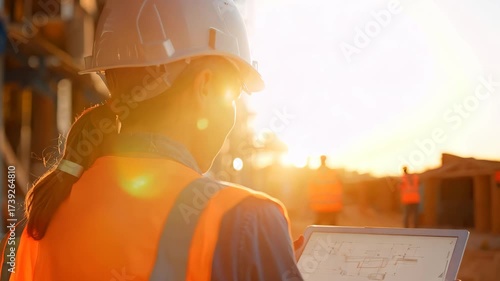 Construction Workers Collaborate on Project Plans at Sunrise Site
