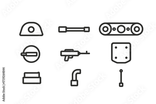Armored Vehicle Parts Icons. Outline icon set of armored vehicle parts: turret, cannon, tracks, armor plating, hatch, machine gun, exhaust pipe, antenna. Line