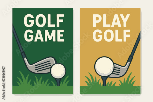 Golf Banners Design. Two vertical A6 banners, flat vector design, green and gold backgrounds, golf club with ball on grass, sport theme, first banner with text