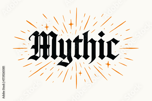 Medieval Gothic Sparks. Mythic, gothic lettering, medieval dramatic strokes, surrounded by sparks, horizontal balanced layout, clean white background, vector