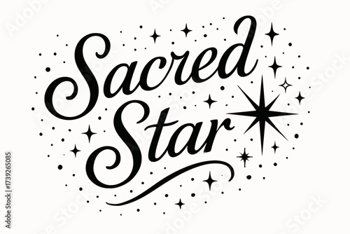 Cosmic Calligraphy Elegance. Sacred Star, elegant calligraphy lettering, cosmic touch, surrounded by festive dots and sparkles, diagonal decorative