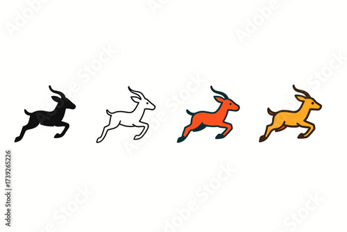 Running Antelope Icon Set. Vector icon antelope running same pose same proportions four styles black solid glyph outline minimal flat multicolor filled cartoon