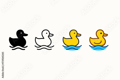 Stylized Duck Icons. Vector icon duck swimming same pose same proportions four styles black solid glyph outline minimal flat multicolor filled cartoon flat