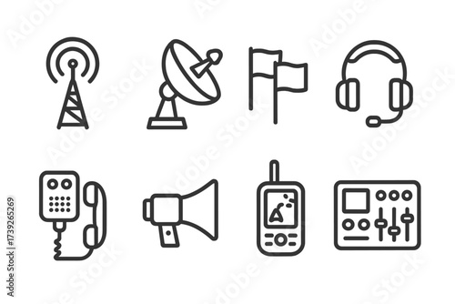 Combat Equipment Icons. Outline icon set of combat engineering vehicle communication equipment: radio antenna, satellite dish, signal flags, headset, intercom