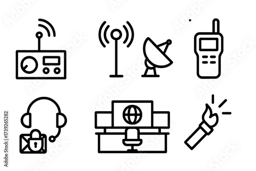 Airborne Communication Icons. Outline icon set of airborne communication: radio transmitter, signal antenna, satellite dish, walkie-talkie, encrypted message,