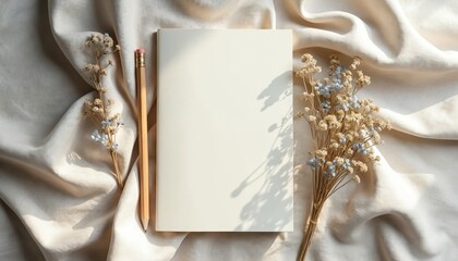 Minimalist stationery arrangement. Blank notebook pencil dry flowers lie on beige textile. Calm aesthetic workspace. Design concept suitable for blogs social media content.