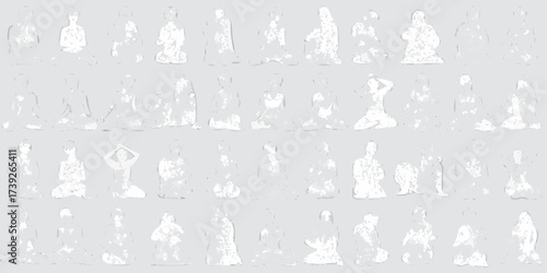 Collection of abstract white figures in meditation and yoga poses against a light gray background
