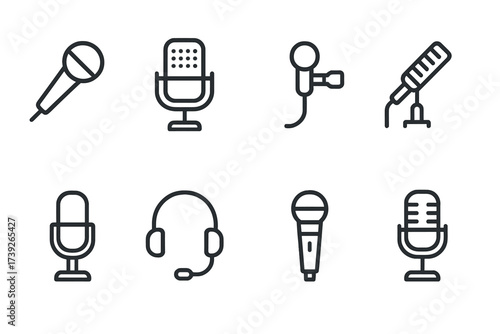 Microphone Outline Icons. Outline icon set of microphone types: handheld microphone, condenser microphone, lavalier mic, shotgun microphone, USB microphone,