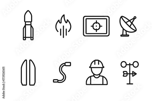 Space Launch Icon Set. Outline icon set of space launch systems: booster rocket, flame exhaust, guidance system, telemetry antenna, payload fairing, fuel hose,