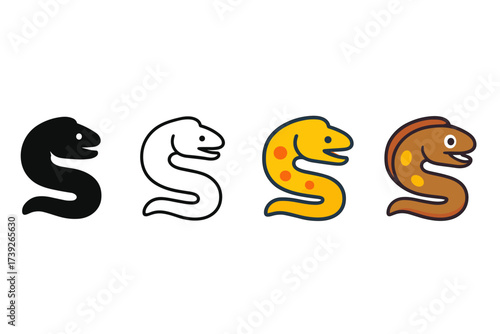 Stylized Moray Eel Icons. Vector icon moray eel same pose same proportions four styles black solid glyph outline minimal flat multicolor filled cartoon flat