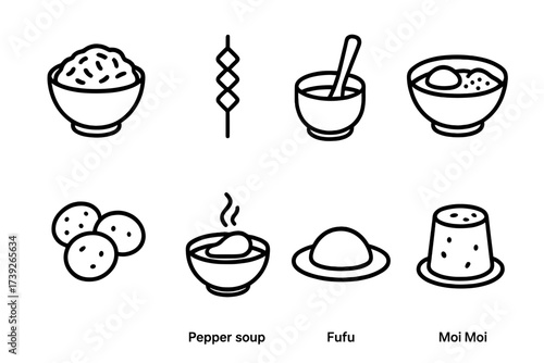 Nigerian Food Icons. Outline icon set of Nigerian food: Jollof rice, Suya skewer, Pounded yam, Egusi soup, Akara (bean cake), Pepper soup, Fufu, Moi Moi