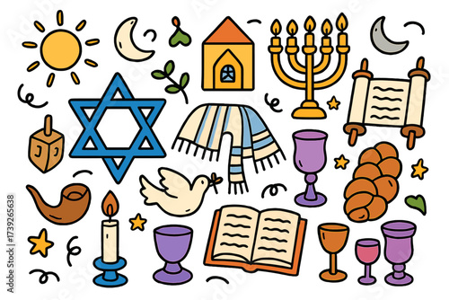 Jewish Symbols Doodle. Judaism. Colorful Hand-drawn doodle Children illustration Star of David, menorah, Torah scroll, challah bread, wine cup, dreidel,